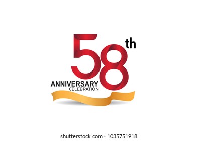 58th anniversary design logotype red color and golden ribbon for celebration isolated on white background