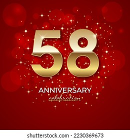 58th Anniversary. Golden number 58 with sparkling confetti and glitters for celebration events, weddings, invitations and greeting cards. Realistic 3d sign. Vector festive illustration
