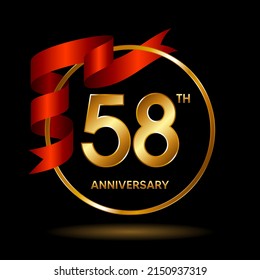 58th Anniversary logo. Anniversary celebration template design with golden ribbon for booklet, leaflet, magazine, brochure poster, banner, web, invitation or greeting card. Vector illustrations.