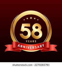58th Anniversary logo design with golden ring and red ribbon. Logo Vector Template Illustration