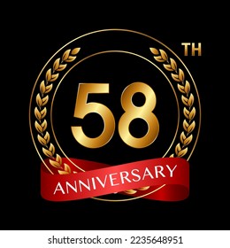 58° Aniversario. Diseño del logotipo del aniversario con Laurel Wreath y Red Ribbon para la celebración, Boda, Invitación, Tarjeta de felicitación. Ilustración del vector de logotipo