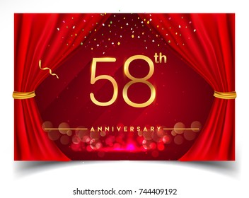 58th Anniversary Logo with Glowing Golden Colors Isolated on Realistic Red Curtain, Vector Design for Greeting Card, Poster and Invitation Card
