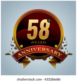 58th anniversary logo with gold circle badge. Anniversary signs illustration. Gold colors anniversary logo with circle ring