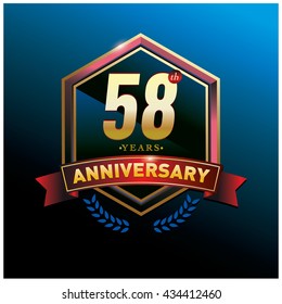 58th anniversary logo with gold ring and red ribbon. Anniversary signs illustration. Gold anniversary logo design and illustration