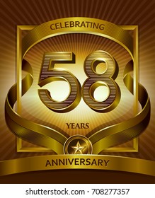 58th anniversary logo. Vector and illustration with ribbon shiny gold