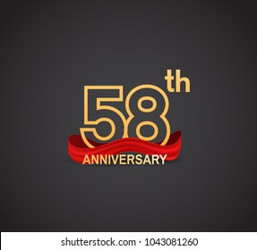 58th anniversary logotype design with line golden color and red ribbon for celebration isolated on dark background