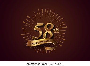 58th anniversary logotype with fireworks and golden ribbon, isolated on elegant background. vector anniversary for celebration, invitation card, and greeting card.