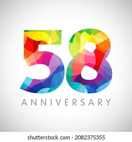 58th anniversary numbers. 58 years old logotype concept. Bright congrats. Isolated abstract graphic design template. Creative bg of 5 and 8 digits. Up to 58% off idea for discount and advertisement.