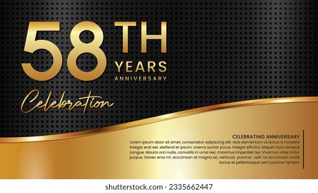 58th anniversary template design in gold color isolated on a black and gold texture background, vector template