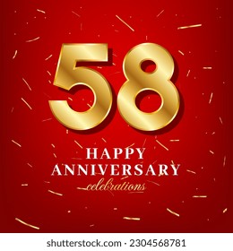 58th anniversary vector template with a golden number and golden confetti spread on a red background