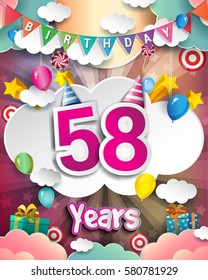 58th Birthday Celebration greeting card Design, with clouds and balloons. Vector elements for the celebration party of fifty eight years anniversary