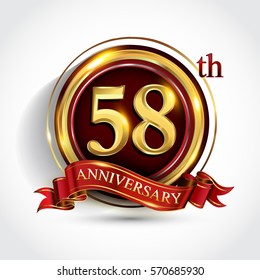 58th golden anniversary logo, fifty eight years birthday celebration with ring and red ribbon isolated on white background