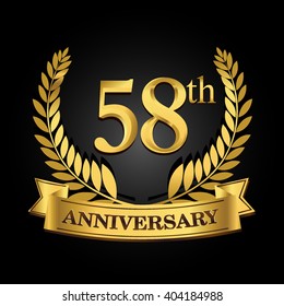 58th golden anniversary logo with ring and ribbon, laurel wreath vector design isolated on black background