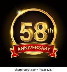 58th golden anniversary logo with ring and red ribbon isolated on black background, vector design for birthday celebration, marriage, corporate, and your business.