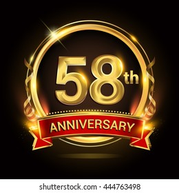 58th golden anniversary logo with ring and red ribbon, vector design.
