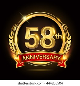 58th golden anniversary logo, with shiny ring and red ribbon, laurel wreath isolated on black background, vector design