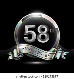 58th silver anniversary logo, vector celebration design with ring and ribbon.