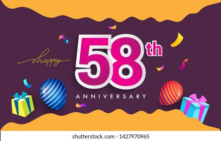 58th Years Anniversary Celebration Design, with gift box and balloons, ribbon, Colorful Vector template elements for your birthday celebrating party.