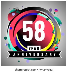 58th years greeting card anniversary with colorful number and frame. logo and icon with circle badge and background
