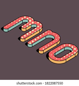 5/9 alphabet set, letters MNO vintage retro 3d with polka dot, yellow, orange, red and green colors, shadowed upper case capitals 