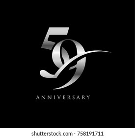 59 anniversary elegance silver chrome logo. linked number with swoosh on black background