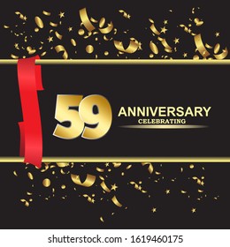 59 anniversary logo with confetti golden colored and red ribbon isolated on black background, vector design for greeting card and invitation card