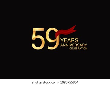 59 anniversary vector design golden colored with red ribbon isolated on black background