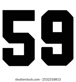 59 Classic Vintage Sport Jersey Uniform numbers in black with a black outside contour line number on white background for American football, Baseball and Basketball or soccer for shirt