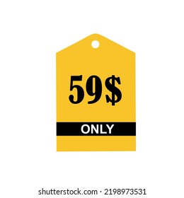 Signo de cupón o vale de etiqueta o descuento de cupón de 59$ Etiqueta de ahorro de dinero, sello Vector Ilustración con una fuente fantástica sobre fondo amarillo y fondo blanco