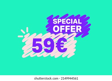 59 Euro OFF Sale Discount banner shape template. Super Sale Euro 59 Special offer badge end of the season sale coupon bubble icon. Modern concept design. Discount offer price tag vector illustration.