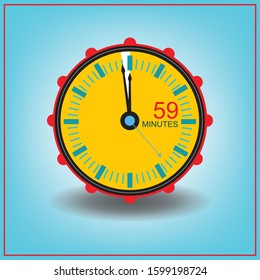 59 Fifty Nine Minutes Clock Icon. Vector Time Symbol With Blue Background