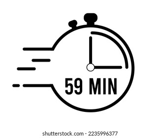 59 minutes clock alarm. Clock with pointer marking remaining time. Clock with speed of time in black and white vector