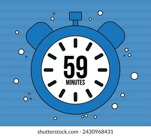 59 Minutes clock. Minute marker alarm isolated on blue background. Time counter clock vector