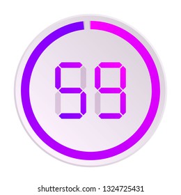 The 59 minutes, stopwatch vector icon, digital timer. Vector digital count down circle board with circle time pie diagram. Watch outline style design, designed for web and app.