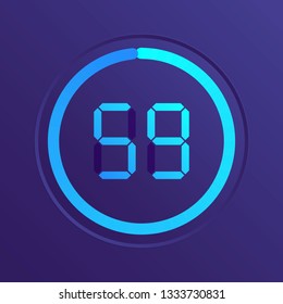 The 59 minutes, stopwatch vector icon, digital timer. Vector digital count down circle board with circle time pie diagram. Watch outline style design, designed for web and app.