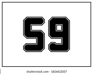 59 number classic american, college style font. Uniform letter in black with a black outside contour line. Vintage sport font.For jersey, t-shirt, basketball, baseball, football. Isolated vector