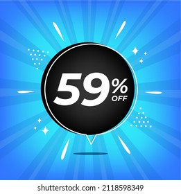 59% off. Blue banner with fifty-nine percent discount on a black balloon for mega big sales.