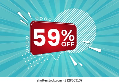 59% off. Blue banner with 59 percent discount on a red balloon for mega big sales.  