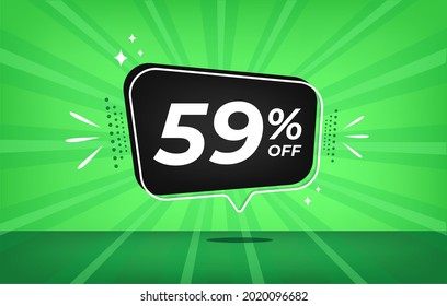 59% off. Green banner with fifty-nine percent discount on a black balloon for mega big sales.