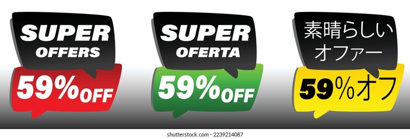 59% off offer label,promotion for sales,promotional price,special offer,in english,portuguese,and japanese