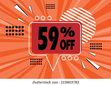 59% off. Orange banner with 59 percent discount on a red and black balloon for mega big sales.