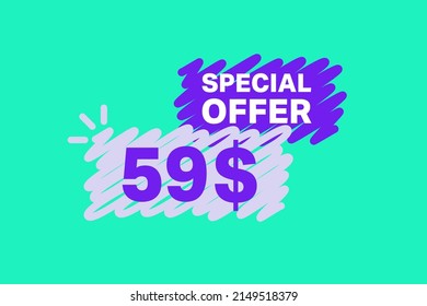 59$ OFF Sale Discount banner shape template. Super Sale 59 Dollar Special offer badge end of the season sale coupon bubble icon. Modern concept design. Discount offer price tag vector illustration.