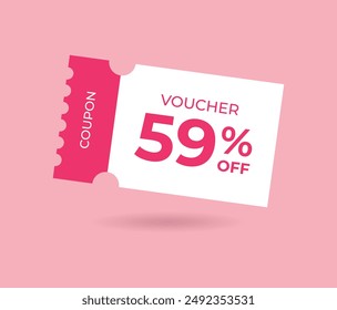 59% off Sale Voucher Coupon. Fifty nine percent promotion illustration. Tag label, sale banner with discount coupon. Pink Vector gift voucher.