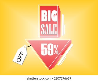 59 PERCENT DISCOUNT, RED BIG SALE INDICATIVE FLOATING ARROW WITH WHITE FONT AND DETAILS, YELLOW BACKGROUND