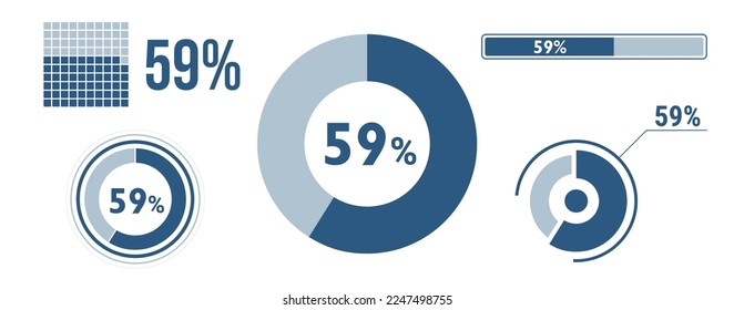 59 percent loading data icon set. Fifty-nine circle diagram, pie donut chart, progress bar. 59% percentage infographic. Vector concept collection, blue color.