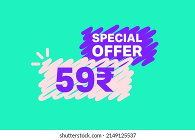 59 Rupee OFF Sale Discount banner shape template. Super Sale 59 Indian rupee Special offer badge end of the season sale coupon bubble icon. Discount offer price tag vector illustration.