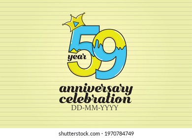 59 year anniversary blue and yellow color cartoon style, sweet style, candy look, with paper book style background - vector