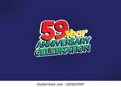 59 year anniversary celebration fun style logotype. anniversary logo with red, purple and blue color isolated on red background, vector design for celebration, invitation and greeting card - Vector