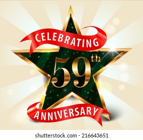 59 year anniversary celebration golden star ribbon, celebrating 59th anniversary decorative golden invitation card - vector eps10
