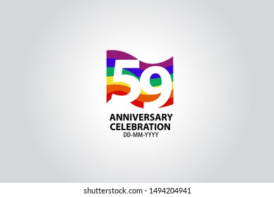 59 year anniversary celebration logotype with white number Emboss Style isolated on LGBT Colorful Flag on white grey background for invitation card, banner or flyer - vector